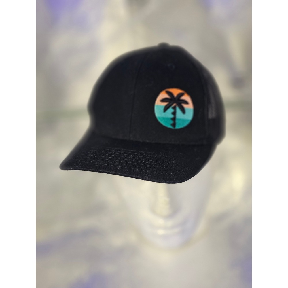 Richardson 112 Trucker Hat Black Palm Tree Sunset Patch Snapback Mesh Cap